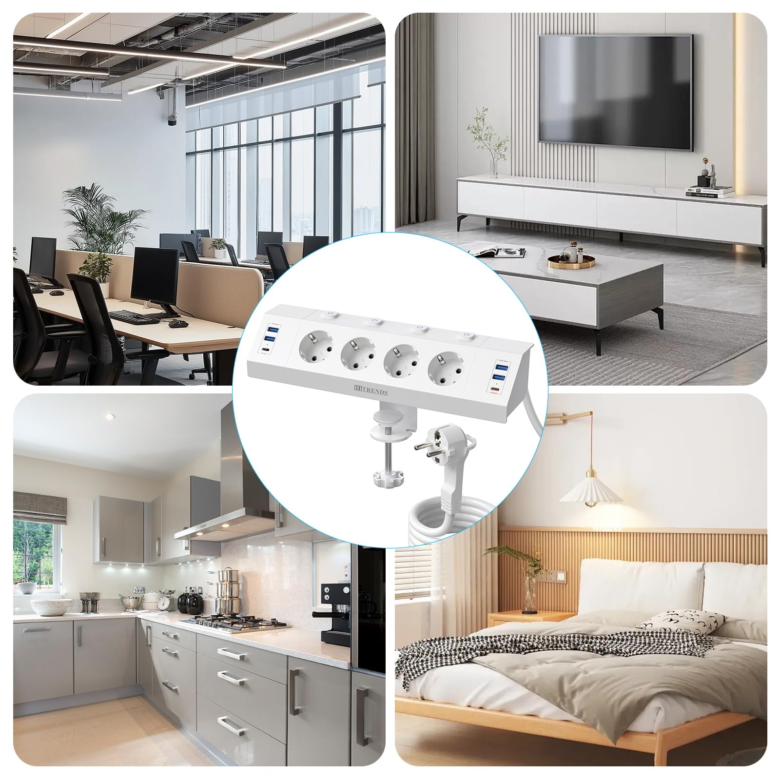Regleta de mesa de 4 enchufes con USB C (PD 20 W), regleta de esquina para escritorio, conmutable individualmente, enchufe de escritorio, enchufe de mesa, con cable de 3 m, color blanco