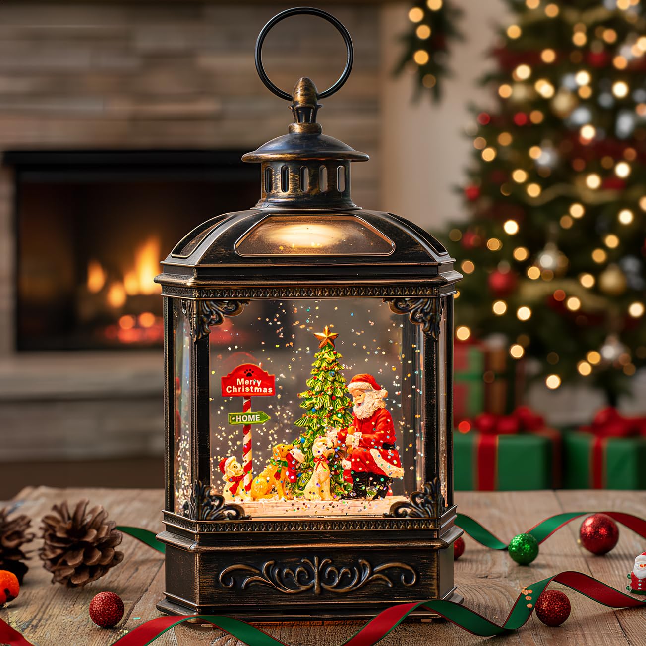 Snow Globe Lighted Christmas Decorations, Santa Claus &amp; Pups Musical Water Lantern with Swirling Glitter, Christmas Holiday Party Gifts and Decorations