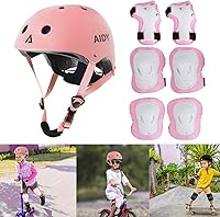 Vista 6 de AIDY Casco de bicicleta para niños, casco ajustable para niñas y niños, rodilleras, coderas, muñequeras, conjunto de equipo de protección