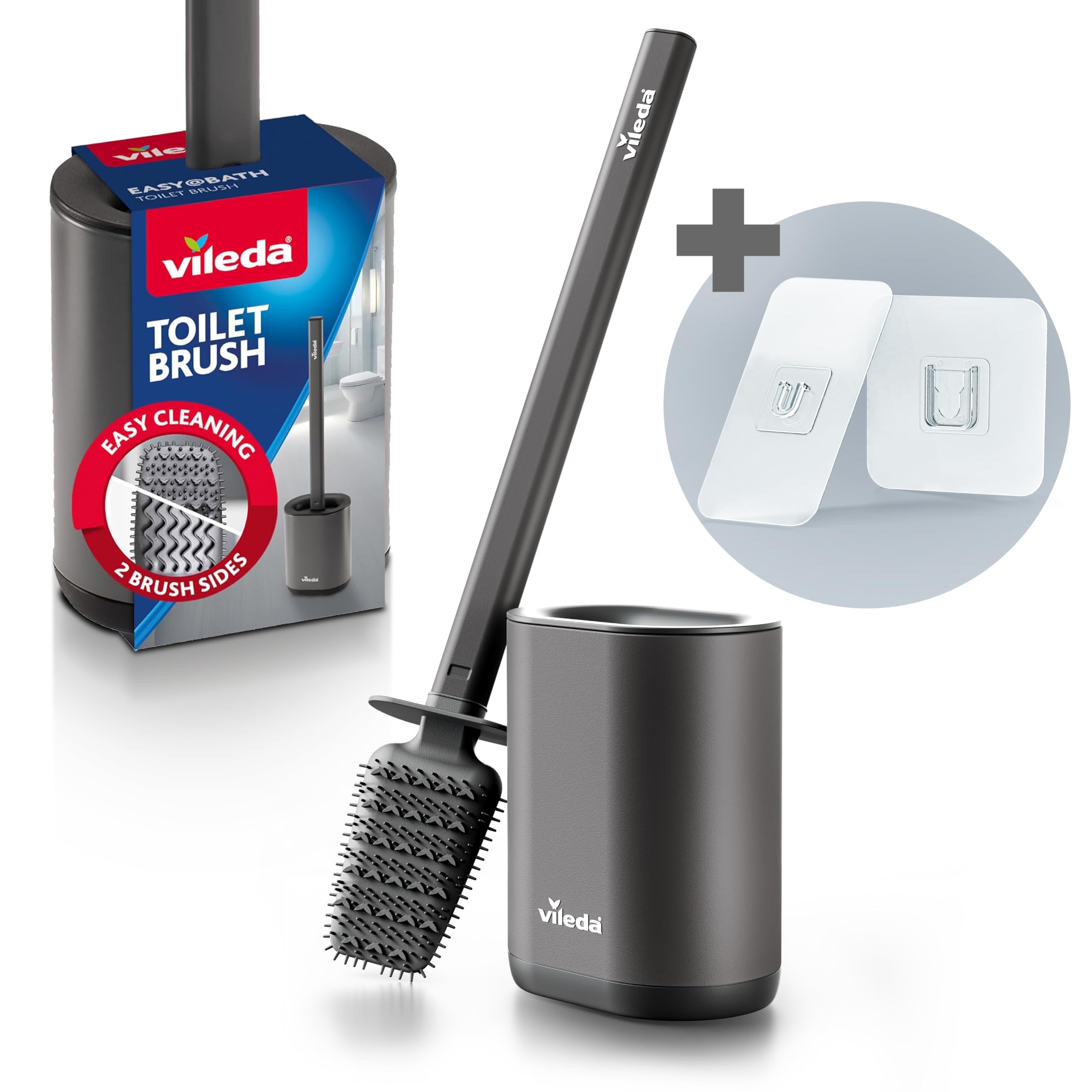 Vileda Scopino WC in Silicone con Supporto da Parete – Spazzola Bagno con Testa Flessibile e Manico in Acciaio Inox – 2 Zone di Pulizia, Asciugatura Rapida, Igienico, Grigio