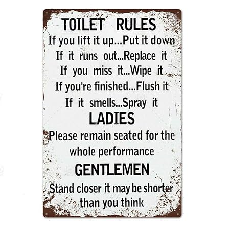 Amazon Com Toilets Rules Funny Bathroom Theme 8x12 Inch Metal Tin Sign Wall Decor Kitchen Garage Bar Home Home Kitchen