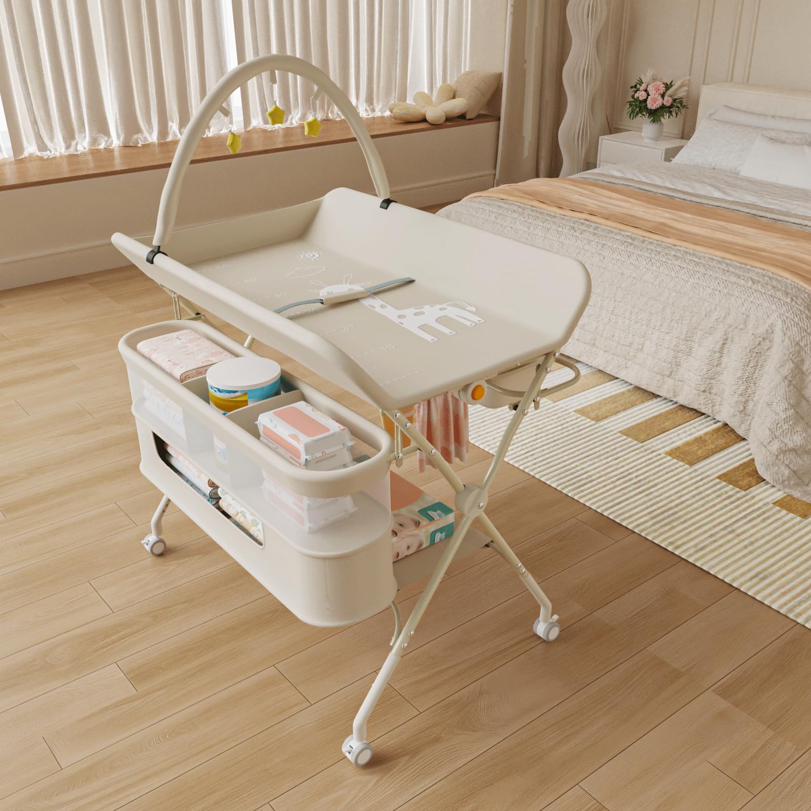 Table à Langer avec roulettes, Pliable, Tapis à Langer Portable, 5 Niveaux réglables, Panier de Rangement à Suspendre pour Nouveau-né, pour Chambre de Bébé,75 * 68 * 83-91cm (B) Blanc crème
