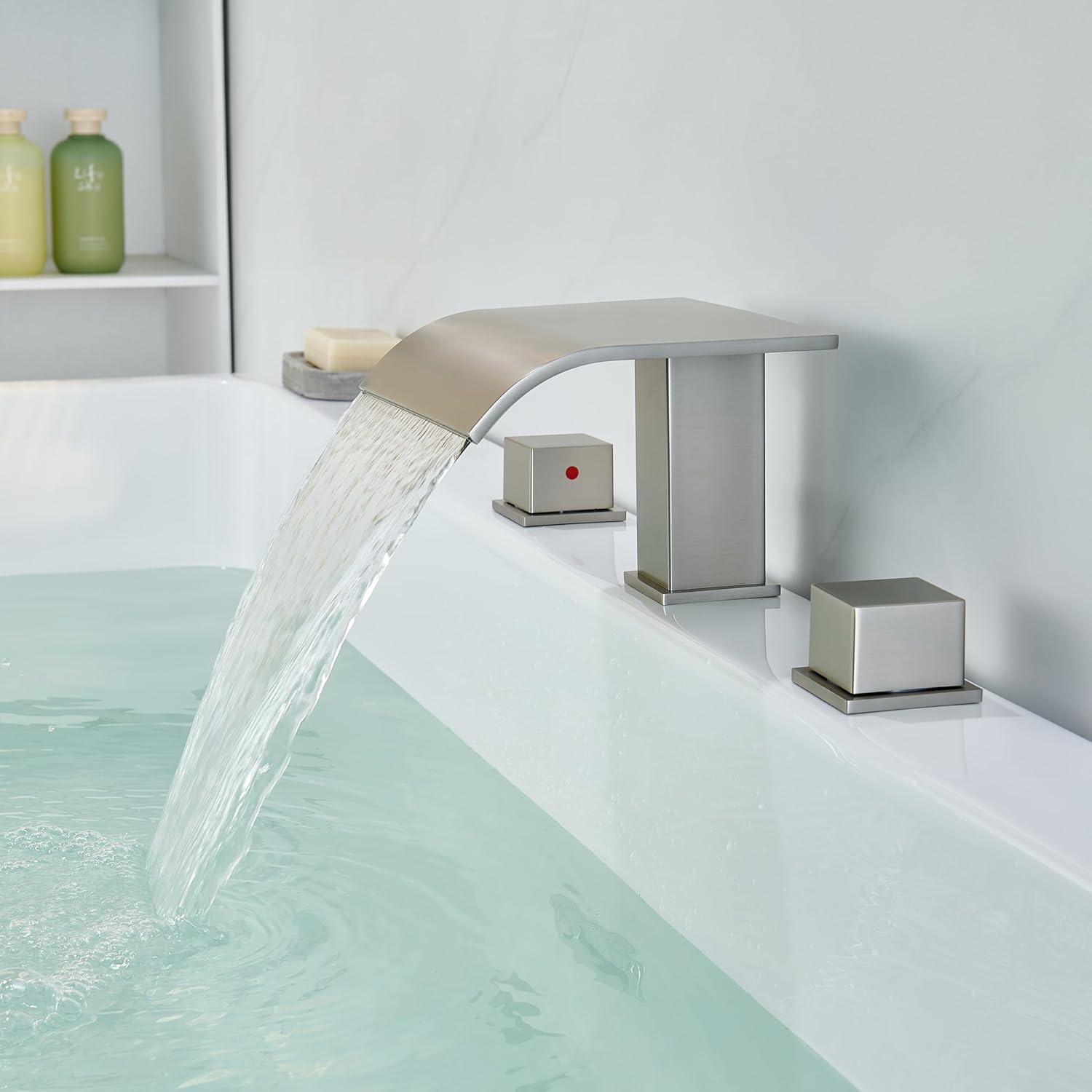 High Flow Deck Mount Tub Faucet Brushed Nickel with Valve 2-Handle Widespread Roman Tub Filler Deck Mounted Bthtub Faucet LLGG Waterfall with Hot & Cold Supply Lines RIGOBAL