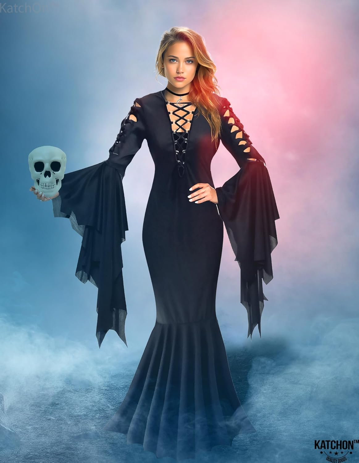 KatchOn Gothic Witch Costume - Adult Black Witch Dress with Collar Choker and Skull | Gothic Dress for Women, Halloween Costume - Image 6