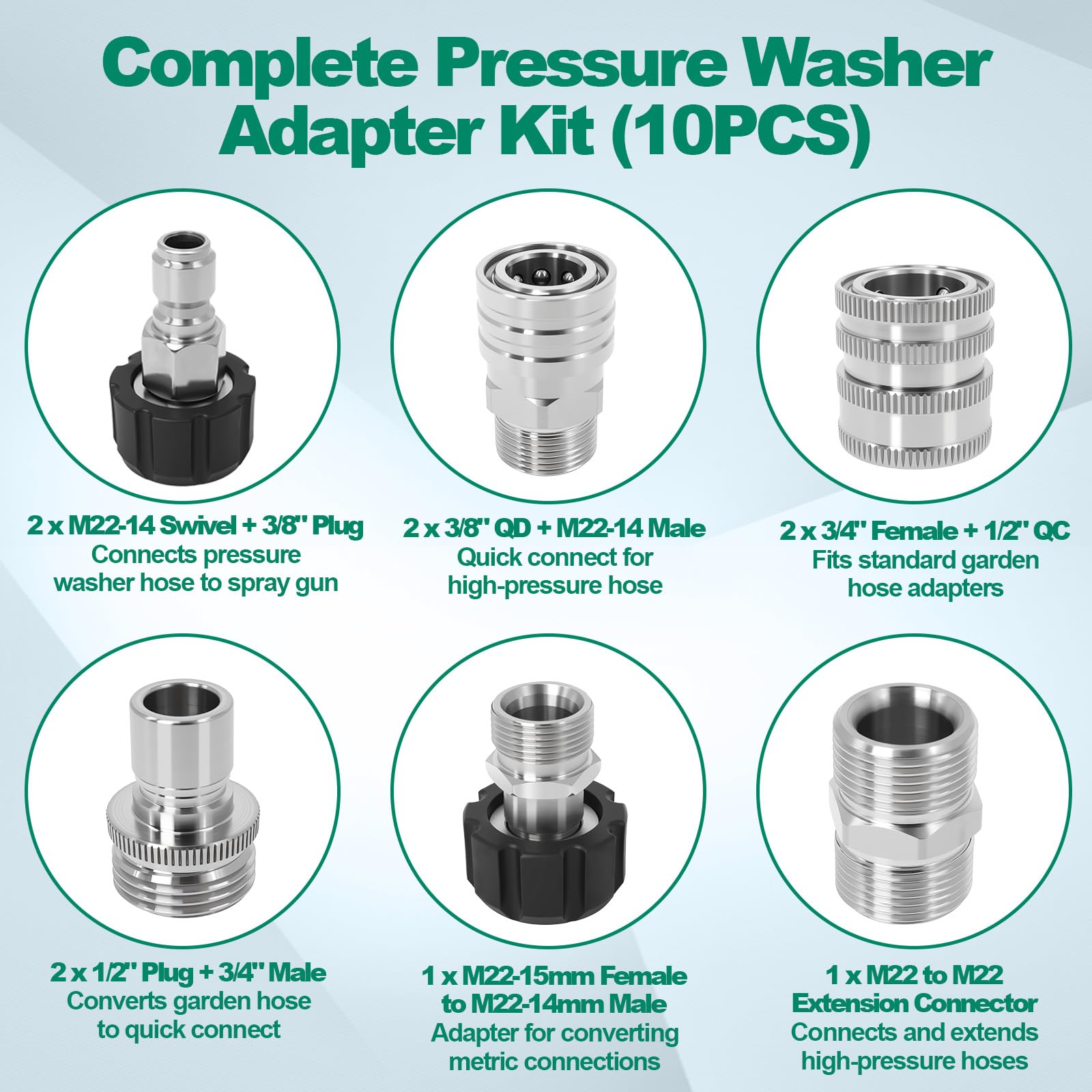 Kit adattatore per idropulitrice, 10 pezzi in acciaio inox, set di connessione rapida, M22-14 mm girevole a spina da 3/8", adattatore M22-15 mm femmina a M22-14 mm, raccordi a connessione rapida
