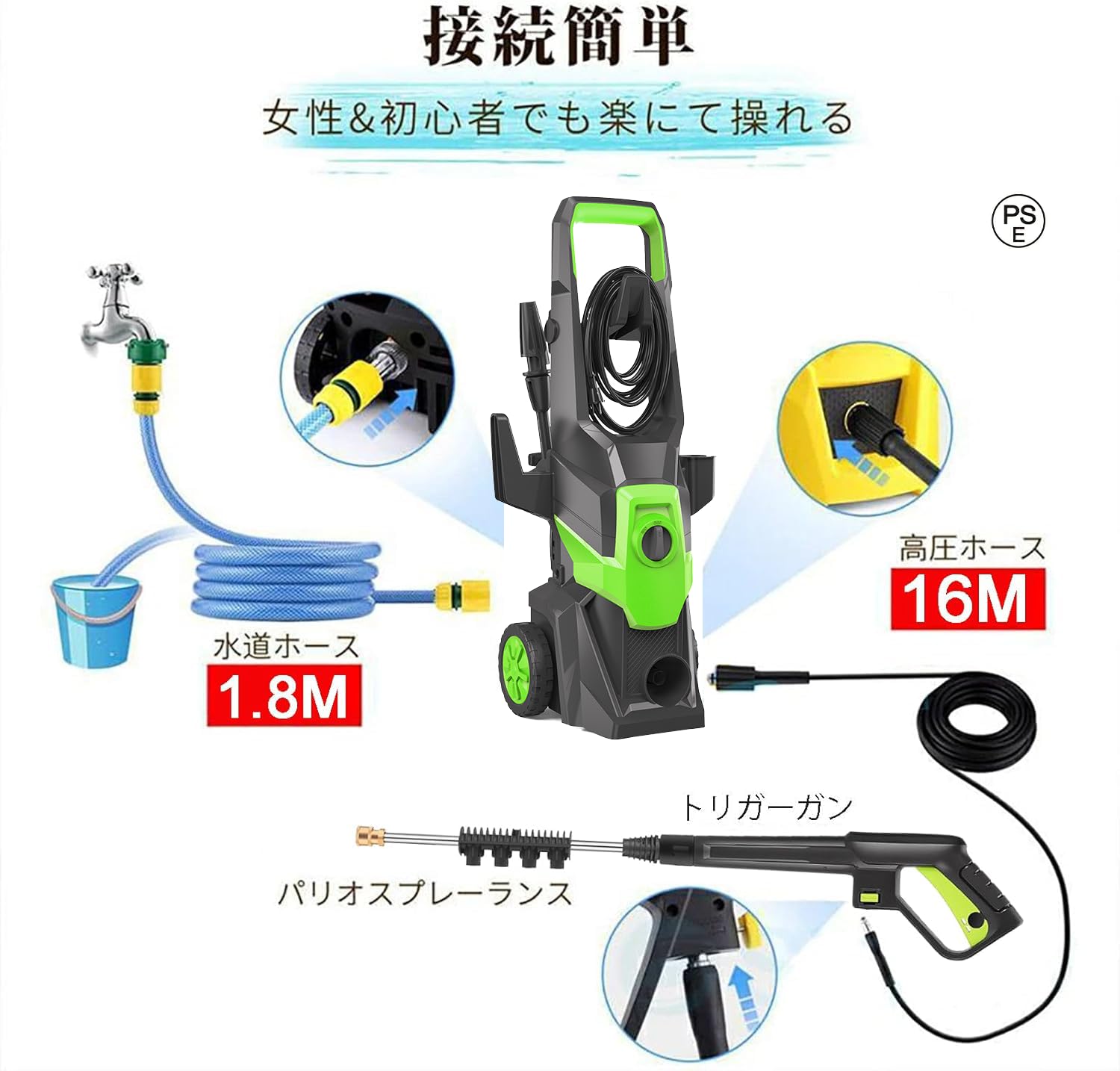 Amazon | AUAU 高圧洗浄機 1800W 17MPa 水道直結 4つのノズル 自吸両用