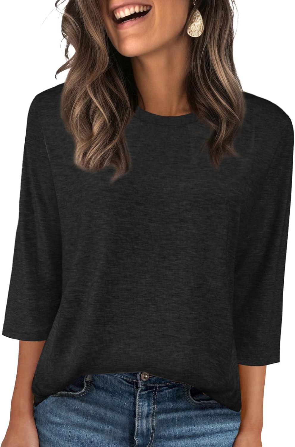 Women's Summer Tops 3/4 Sleeve Round Neck Tshirts Cute Tunic Loose Fit Pullover Blouses & Basic Tees