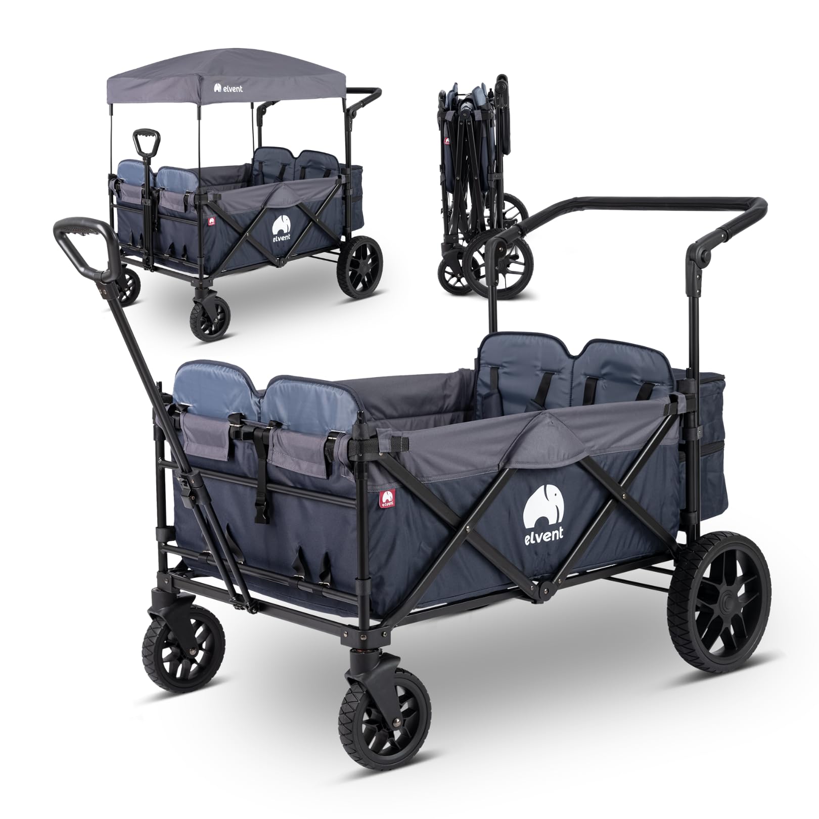 elvent® WagonPro Premium Bollerwagen/Handwagen faltbar mit Dach I 4 Sitzplätze | groß I Sitzpolster, Hecktasche, Off-Road-Reifen, Feststellbremse, 5-Punkt-Gurt I für 4 Kinder (Blau)