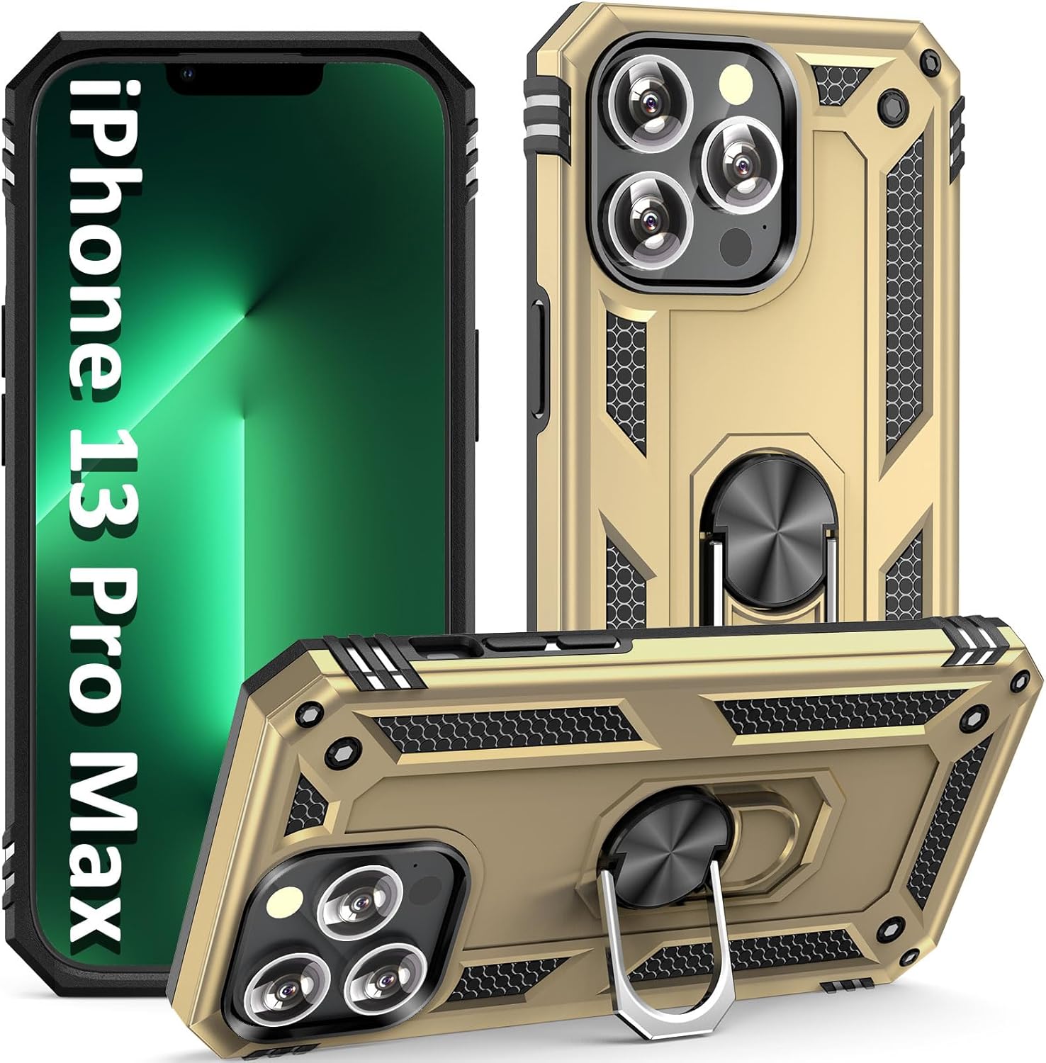 ADDIT i Phone 13 Pro Max Case, for iPhone 13 Pro Max Case,with Kickstand Ring,Adjustable Stand,Military Grade,Heavy Duty Protection,Shockproof,Anti-Fingerprint,Support Magnet Car Mount,Gold