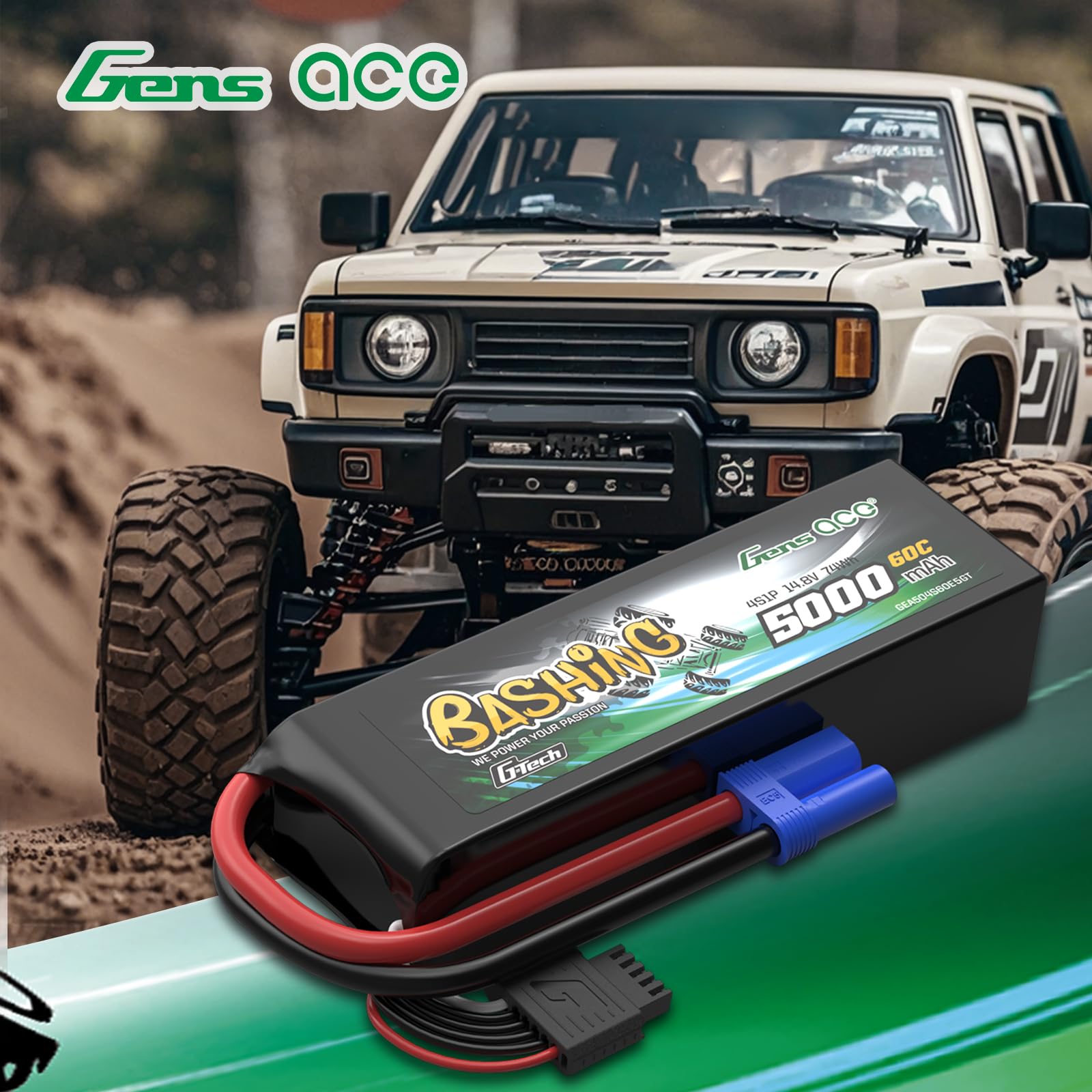 Gens Ace 4S 5000 mAh 14,8 V 60C LiPo akumulator z wtyczką EC5 i G-Tech – akumulator Bashing do samochodów RC, samolotów RC, helikoptera RC i hobby RC