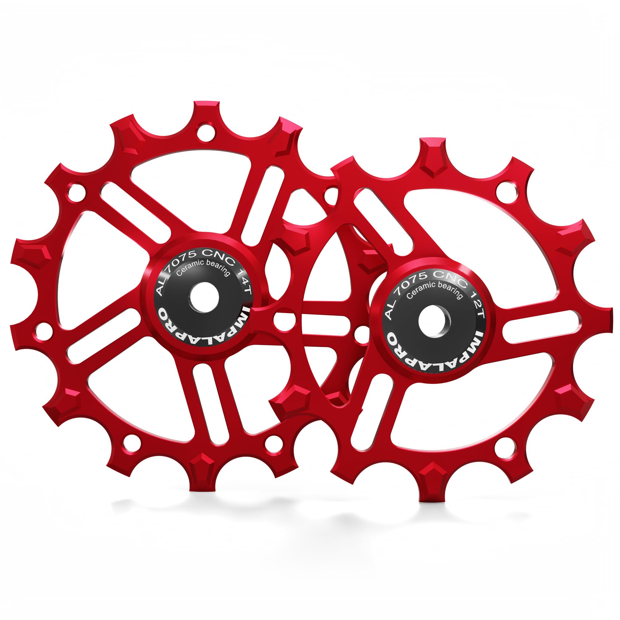 IMPALAPRO - Set of 2 Ceramic Jockey Wheels 12T-14T Aluminium 7075 CNC for 9 to 12 Speeds (red)