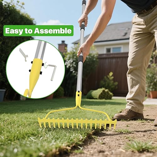 Miniatura 6 de Rastrillos de jardín para césped resistentes, rastrillo de arco de 6 pies para hojas, rastrillo de metal de 17 dientes con mango de acero inoxidable