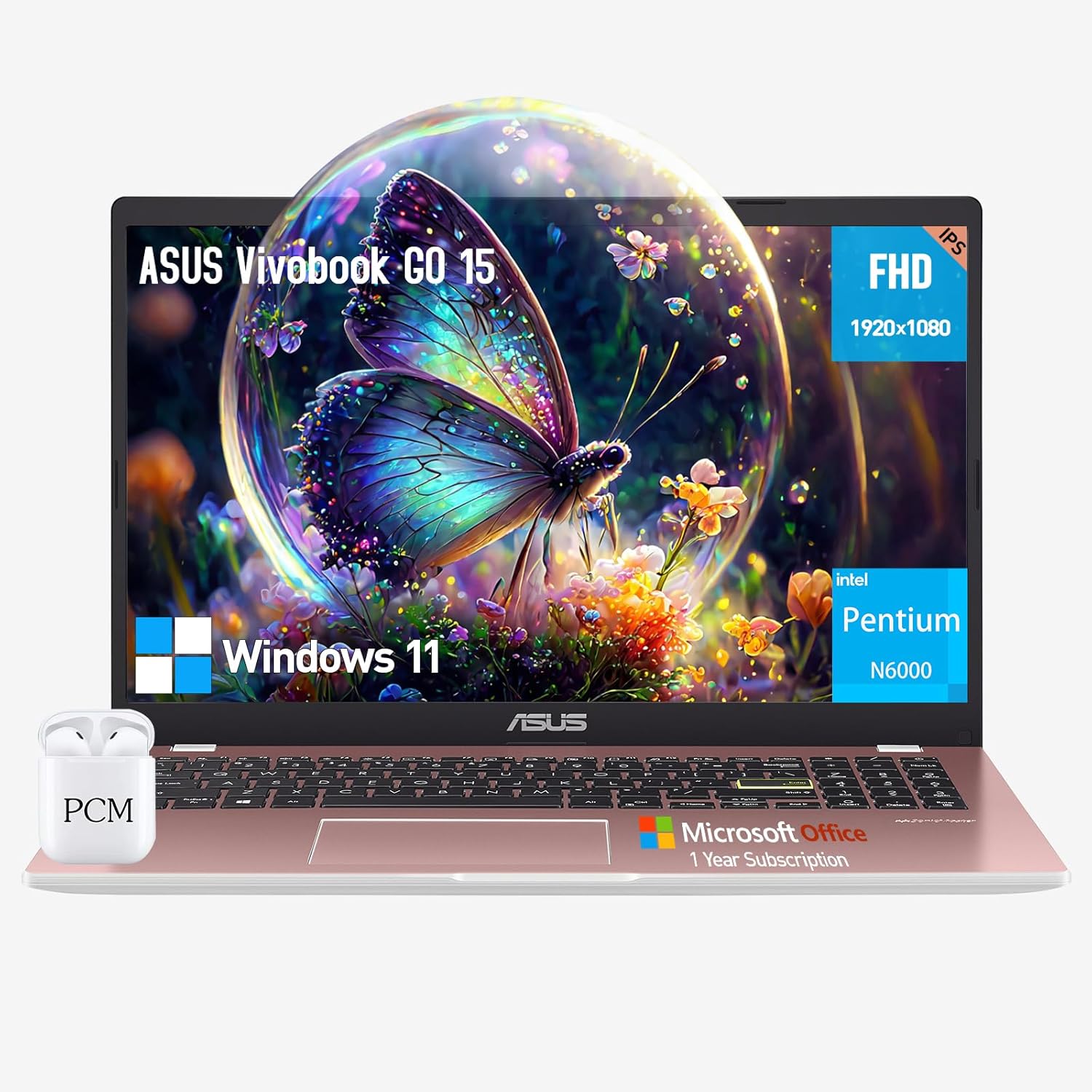 ASUS Vivobook Go 15 Laptop Computer, 15.6” IPS FHD Thin PC, Intel Pentium Sliver N6000, 4GB DDR4 RAM, 640GB Storage, 1-Year Office 365, Windows 11 Home, Wi-Fi 5, USB-C, Webcam, HDMI, Pink, PCM