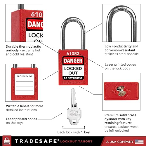 Miniatura 4 de TRADESAFE Kit de etiquetado de bloqueo con cerrojos, etiquetas de bloqueo, cerraduras Red Loto - Kits de etiquetas de bloqueo eléctrico para