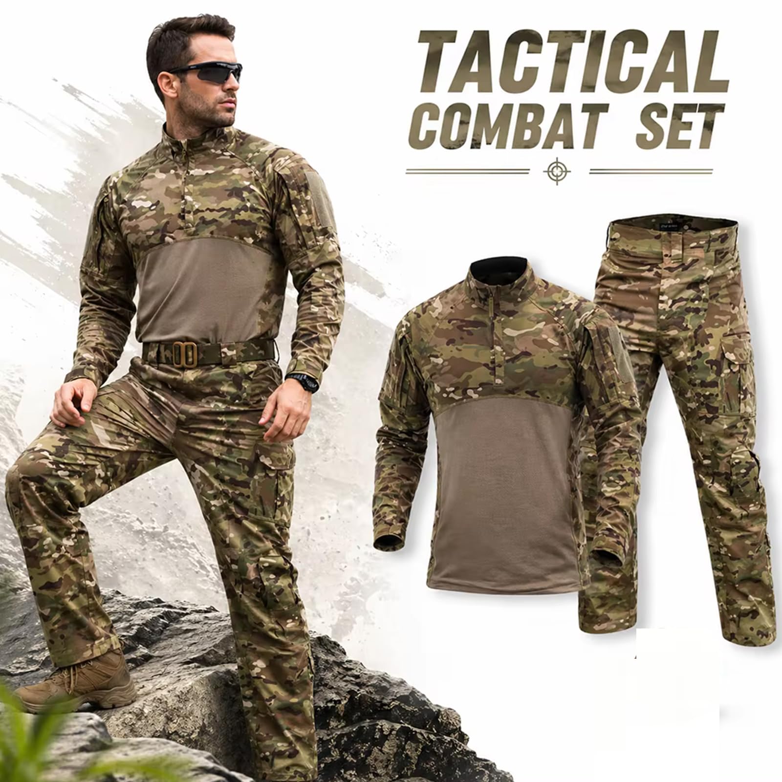 Conjunto de camisa y pantalones tácticos para hombre, uniforme de manga larga con cremallera de 1/4, para senderismo, trabajo al aire libre