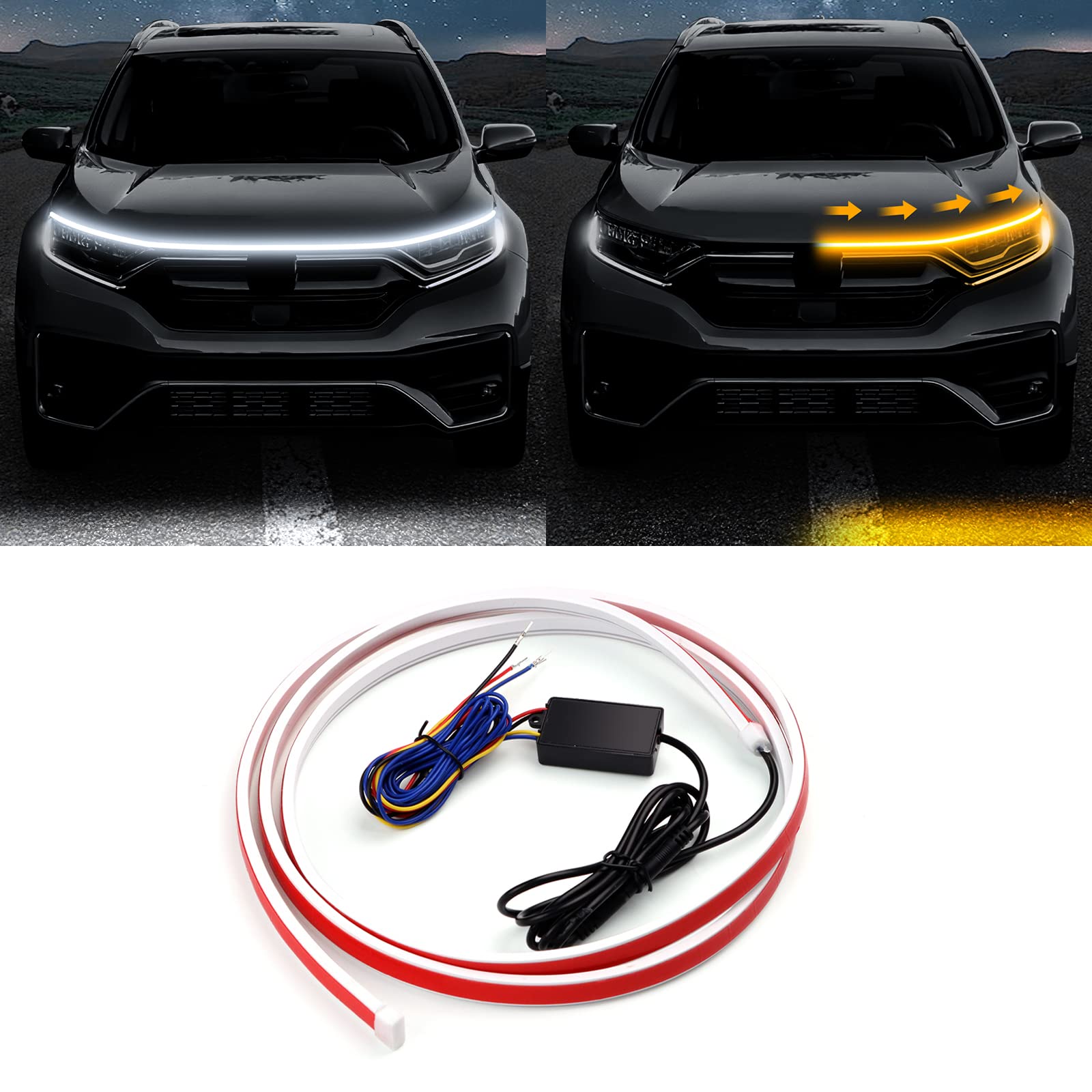 JUPIZEUS LED Car Hood Light Strip Automotive Engine Underhood LED Strips Turning Light Mode Guide Decorative Waterproof IP66 Daytime Exterior Decoration Lights Accessories DC 15V White & Yellow 59.1in