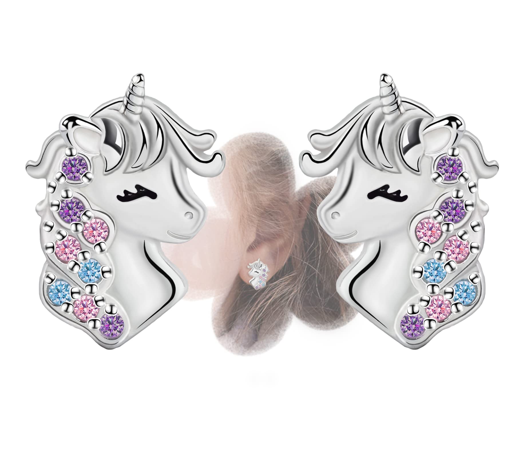 Unicorn Stud Earrings for Teen Girls - Sterling Silver Cute Animal Earrings for Women Hypoallergenic Cubic Zirconia Small Earrings for Sensitive Ears