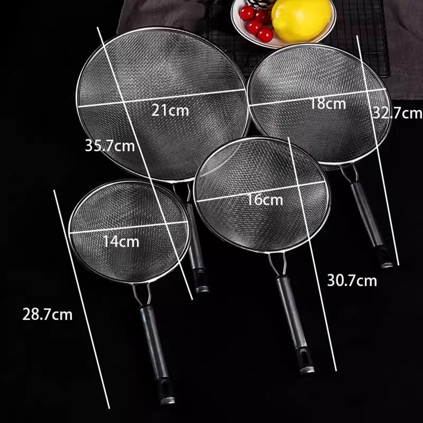 Tamiz de harina de acero inoxidable, juego de 4 tamices de 14/16/18/21 cm, tamiz de cocina de malla fina de acero inoxidable 304 para colar o drenar