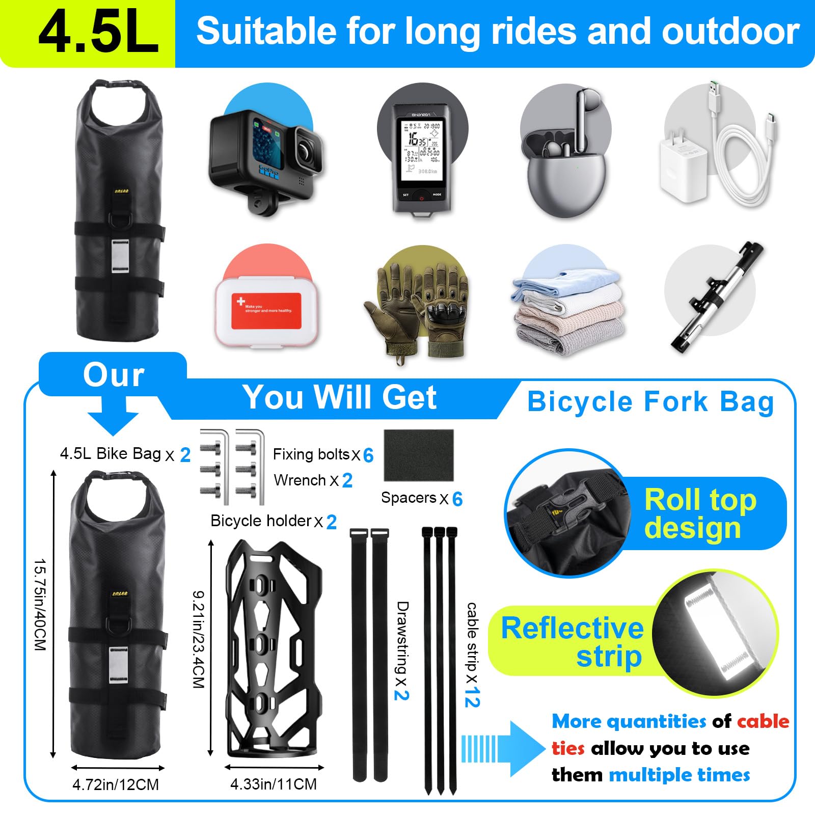 4,5L 2 Piezas Bolsas Horquilla Bicicleta Impermeable Bolsa Rueda Delantera Bolsa Herramientas Bicicleta Cuadro con Soporte Portaequipajes para MTB Carretera Accesorios