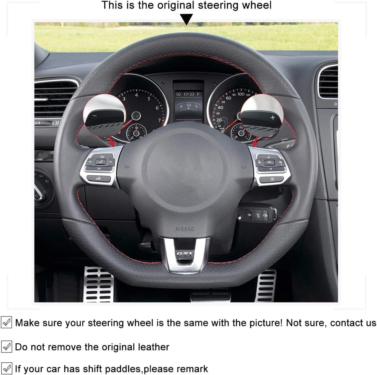 Loncky Custom Fit Stitched Black Genuine Leather Steering Wheel Cover for VW GTI 2010 2011 2012 2013 2014 / VW Jetta GLI 2012-2014 / VW Golf R 2012 2013 for VW Tiguan R-Line 2014-2016 Accessories