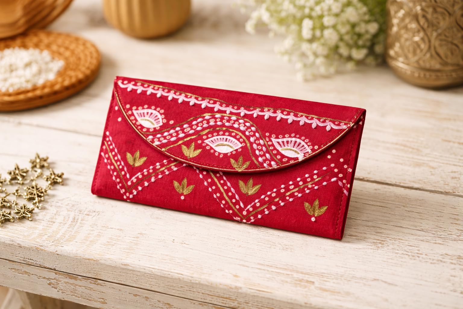 Red Silk Money Cover | Hand-Painted Wave & Leaf Motif Cash Envelope for Weddings, Shagun & Festive Gifting - Reusable Traditional Silk Envelope 4