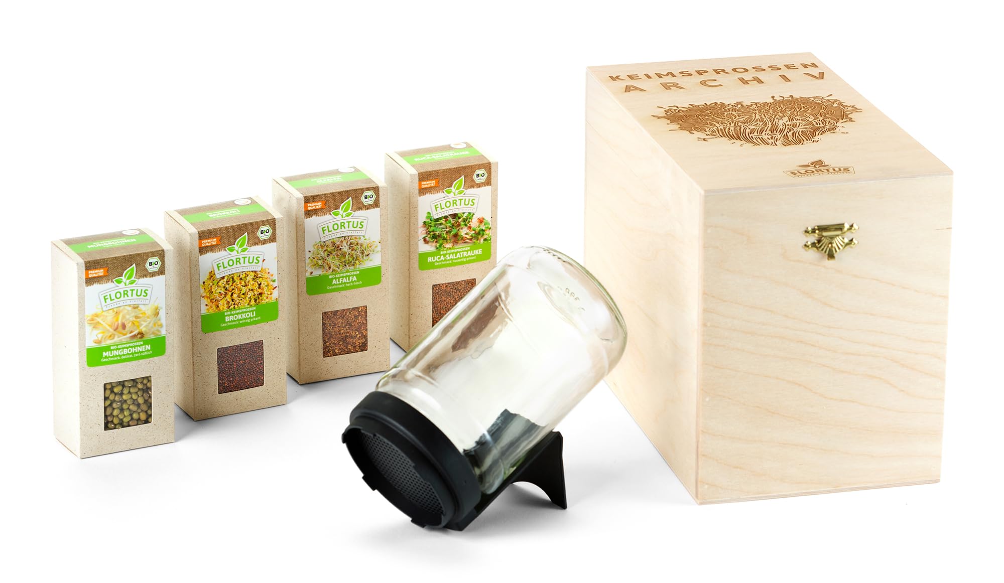 FLORTUS BIO Keimsprossen Archiv Geschenkbox - Starterset inkl. 4 Sprossensorten | Alfalfa, Brokkoli, Mungbohne und Rucola | Geschenkset mit Sprossenglas | Keimsprossenbox Holzbox mit Deckel