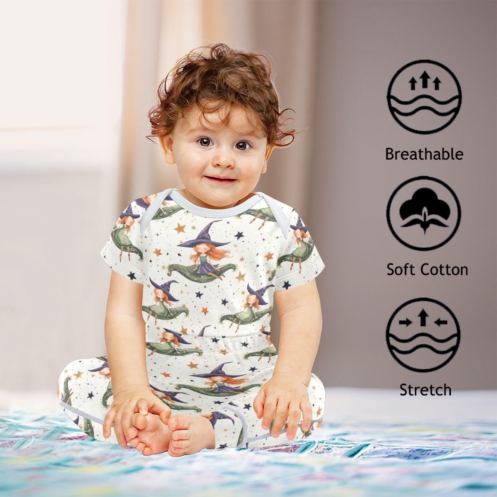 vvfelixl Baby Layette Sets Clothes,Cartoon Witch with Magic Carpet Baby Bodysuits Set,Unisex Babys Pants Sets Short Sleeve 12-18M