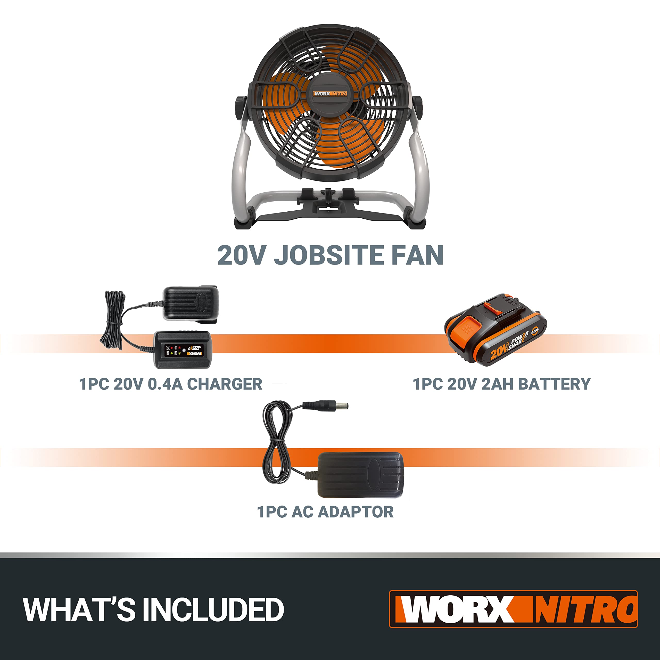 WORX Ventilatore da Cantiere Cordless NITRO 18 V (20 V MAX) WX095, PowerShare, Regolazione a 2 Velocità, Testa Ruotante a 360°, 1 Batteria 2 Ah, 1 Caricatore e 1 Adattatore