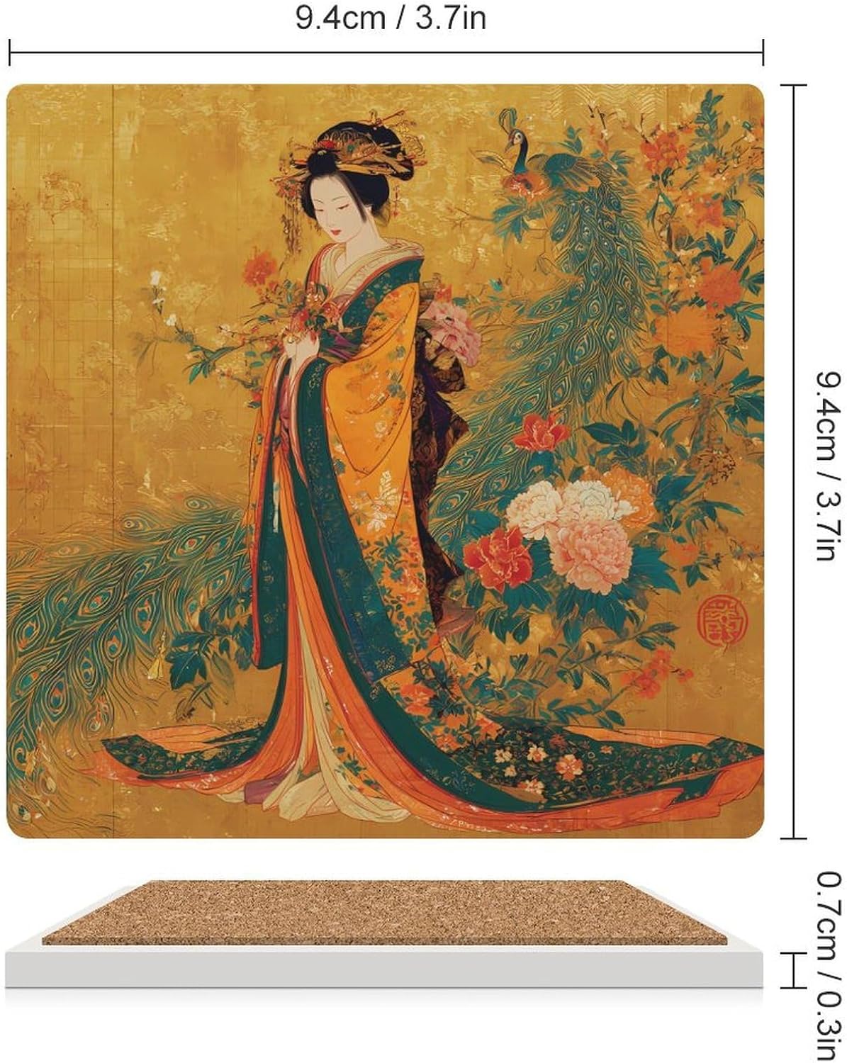 Japanese Geisha Peacock Funny Ceramic Coasters for Drinks Absorbent Cup Holder Tabletop Protector with Cork Base