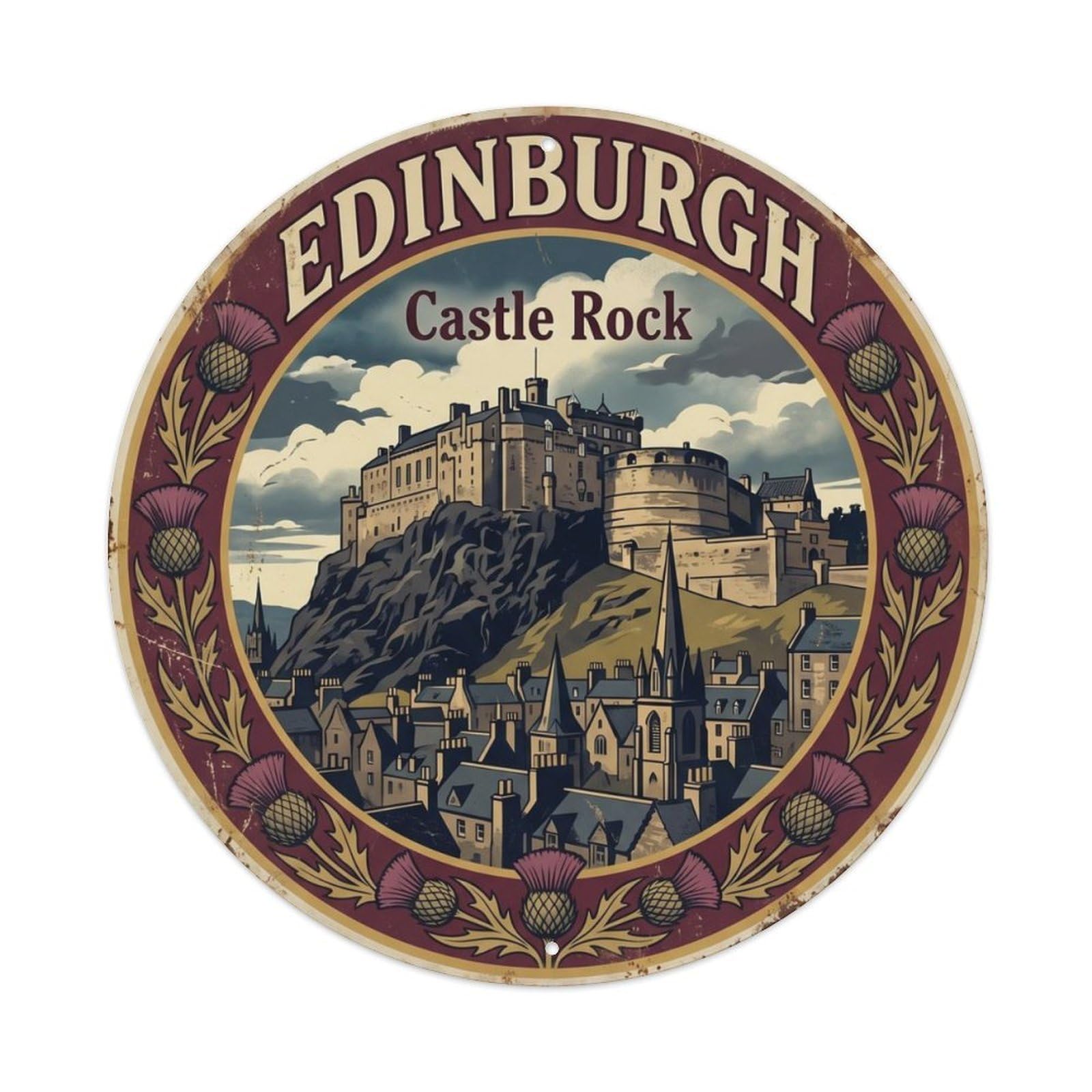 Vintage Travel Edinburgh Castle Scotland(1) Metal Tin Sign Plaque Wall Decor for Cafe, Club Bar, Office, Home Garden Round Metal Poster 8x8Inch