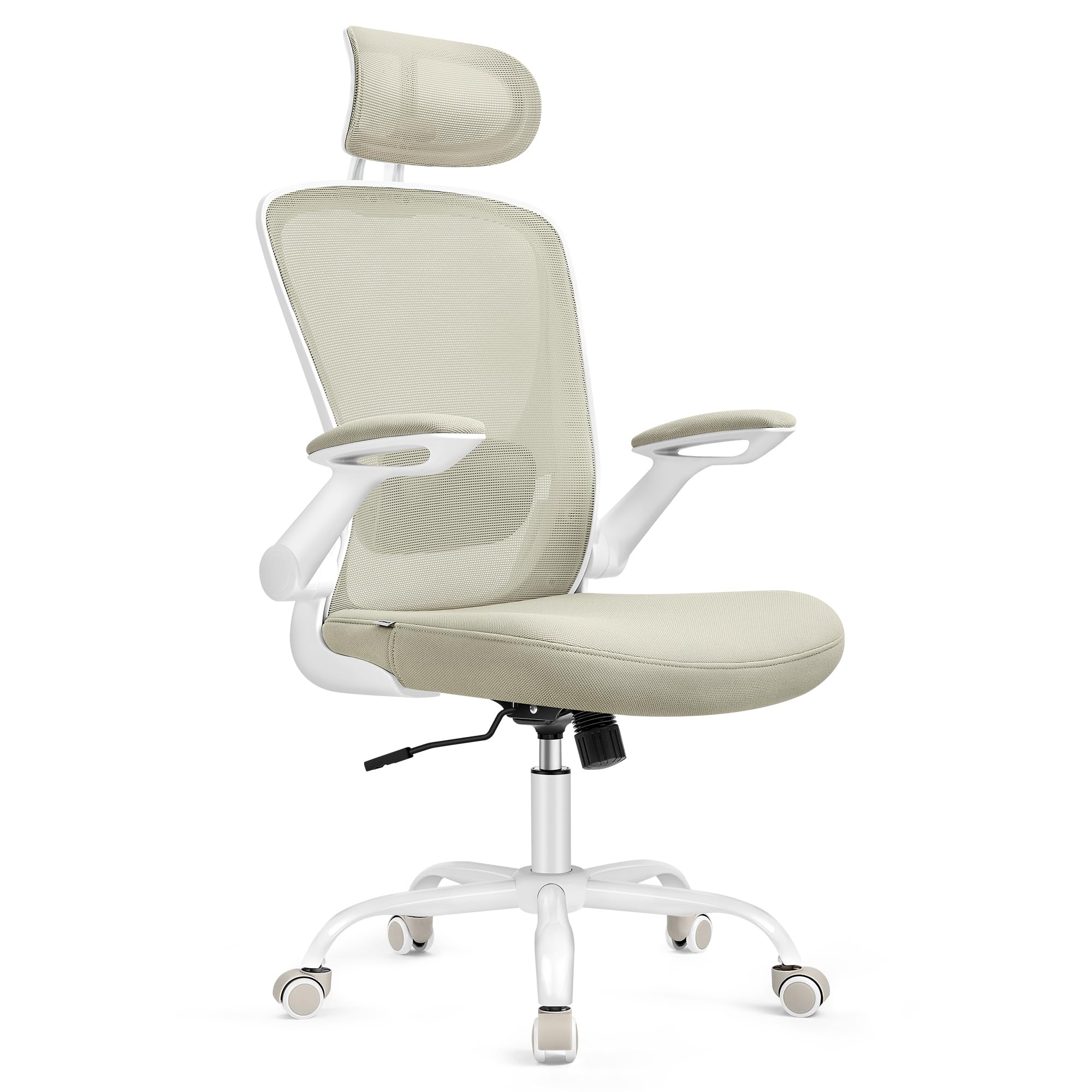 SONGMICS Silla de Oficina, Silla de Escritorio de Malla, Silla Giratoria Ergonómica, Soporte Lumbar, Oscilante, Asiento de 53 cm, Apoyabrazos Abatibles, Reposacabezas, Beige Capuchino OBN047K01