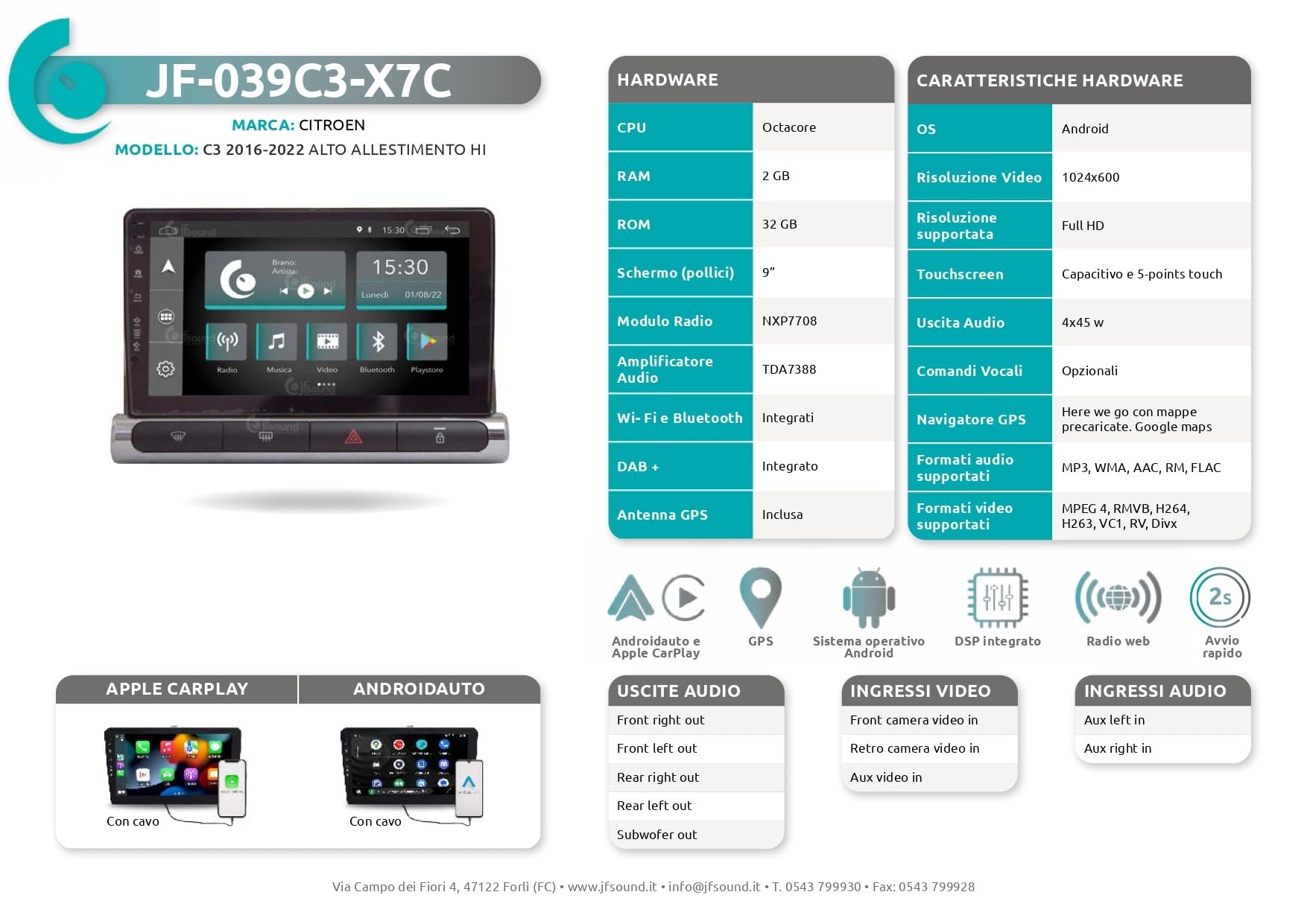JF Sound - Autoradio Custom Fit X7C - Per Citroën C3 (2016-2023) - 9" Touchscreen - CarPlay/Android Auto via Cavo - DAB+ - Octa-Core - 2GB RAM - 32GB ROM - Navigatore GPS - Bluetooth Integrato