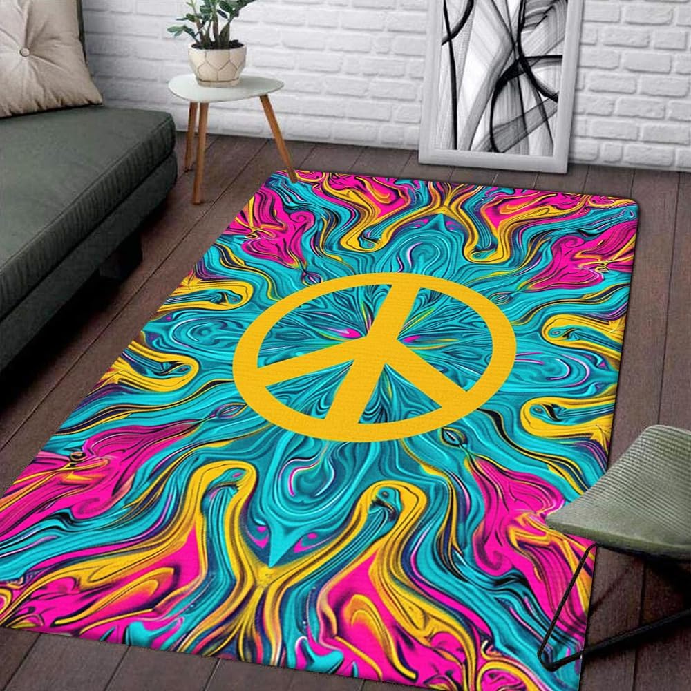Custom Hippie Rug - Peace Sign Area Rug, 3x5, Non Slip, High Pile, Indoor, Spot Clean Only, Rustic