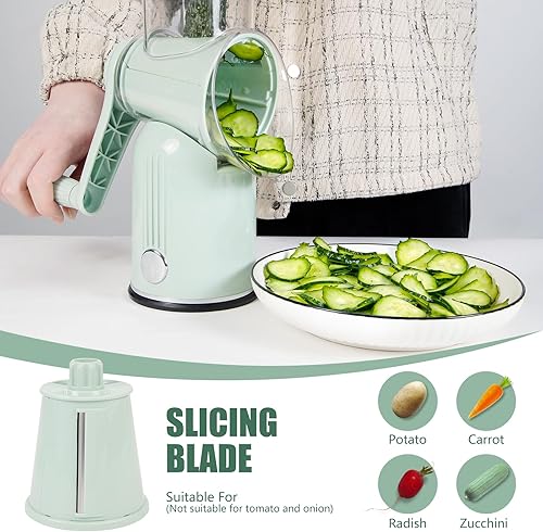 Miniatura 2 de Rallador de queso giratorio con mango rallador de queso 5 en 1, manivela de mano, base de succión fuerte para frutas y verduras, nueces con caja de