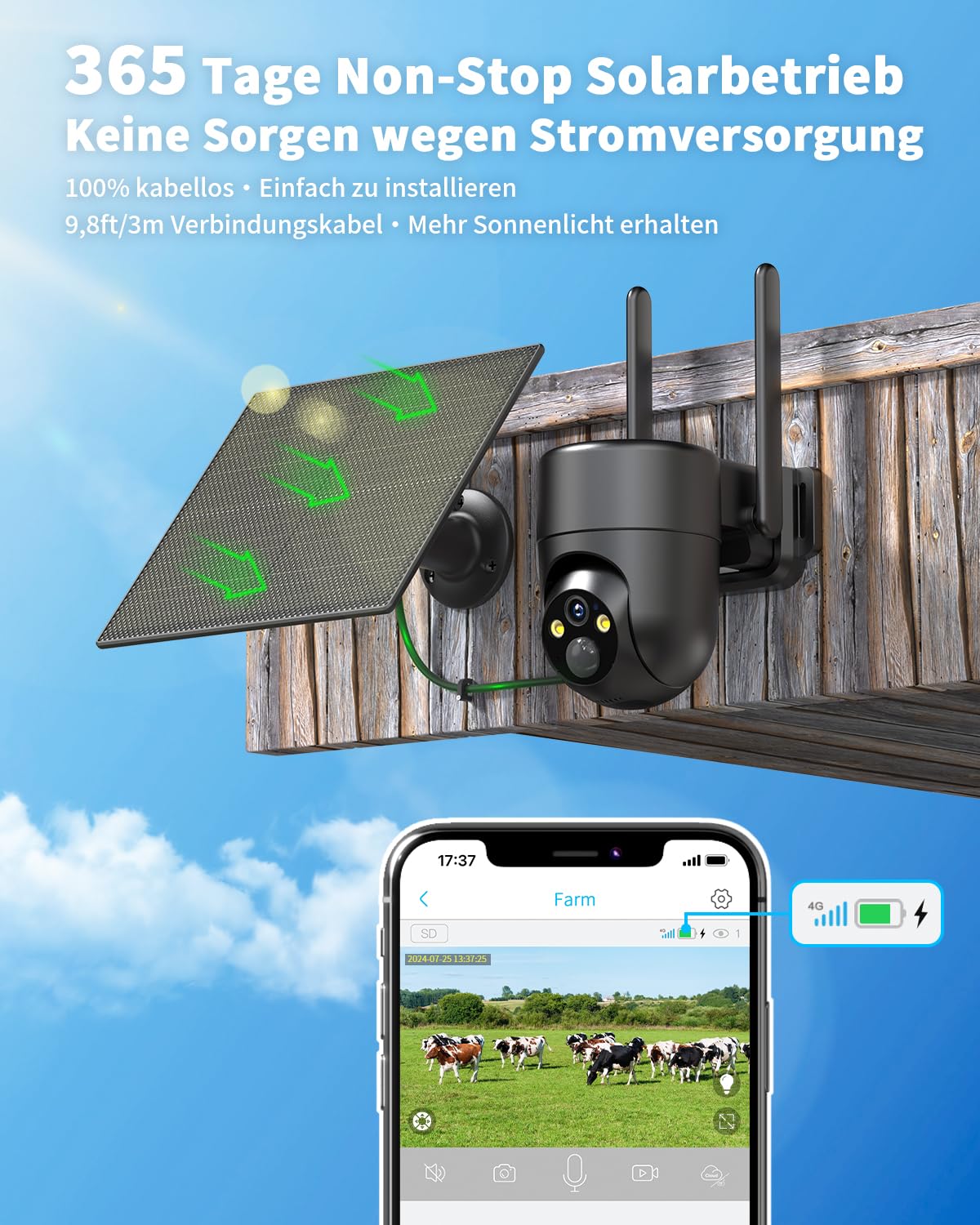 SEHMUA 4G LTE Überwachungskamera Aussen mit SIM Karte, 2K HD PTZ | Kamera Solar mit PIR-Erkennung, 2-Wege-Audio, Farbige Nachtsicht, IP66,Kabellos Kamera Ohne WLAN und 355°/100° Schwenkbar