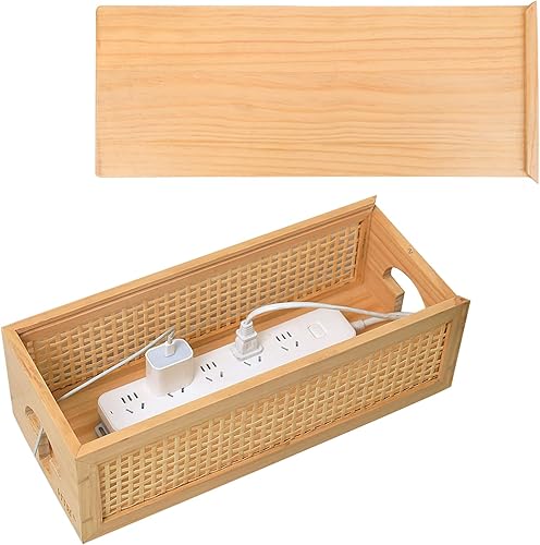 HTB Caja de organización de cables de madera de pino con malla de ratán de bambú, organizador de cables vintage para escritorio con bandeja de