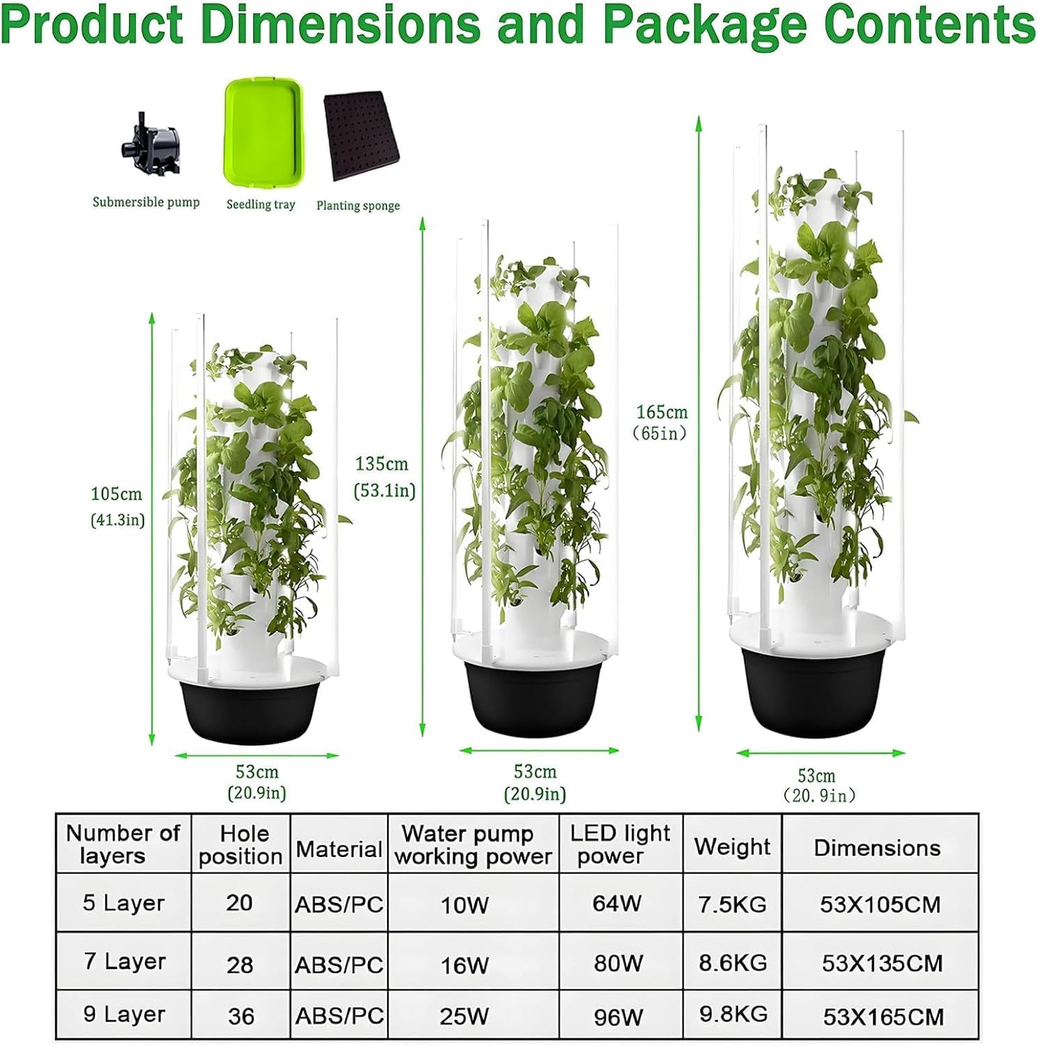 Sistema de torre hidropónica, jardín vertical de 9 capas con luces LED inteligentes de crecimiento, kit de riego automático para hierbas y verduras de hoja verde, solución de jardinería en el hogar