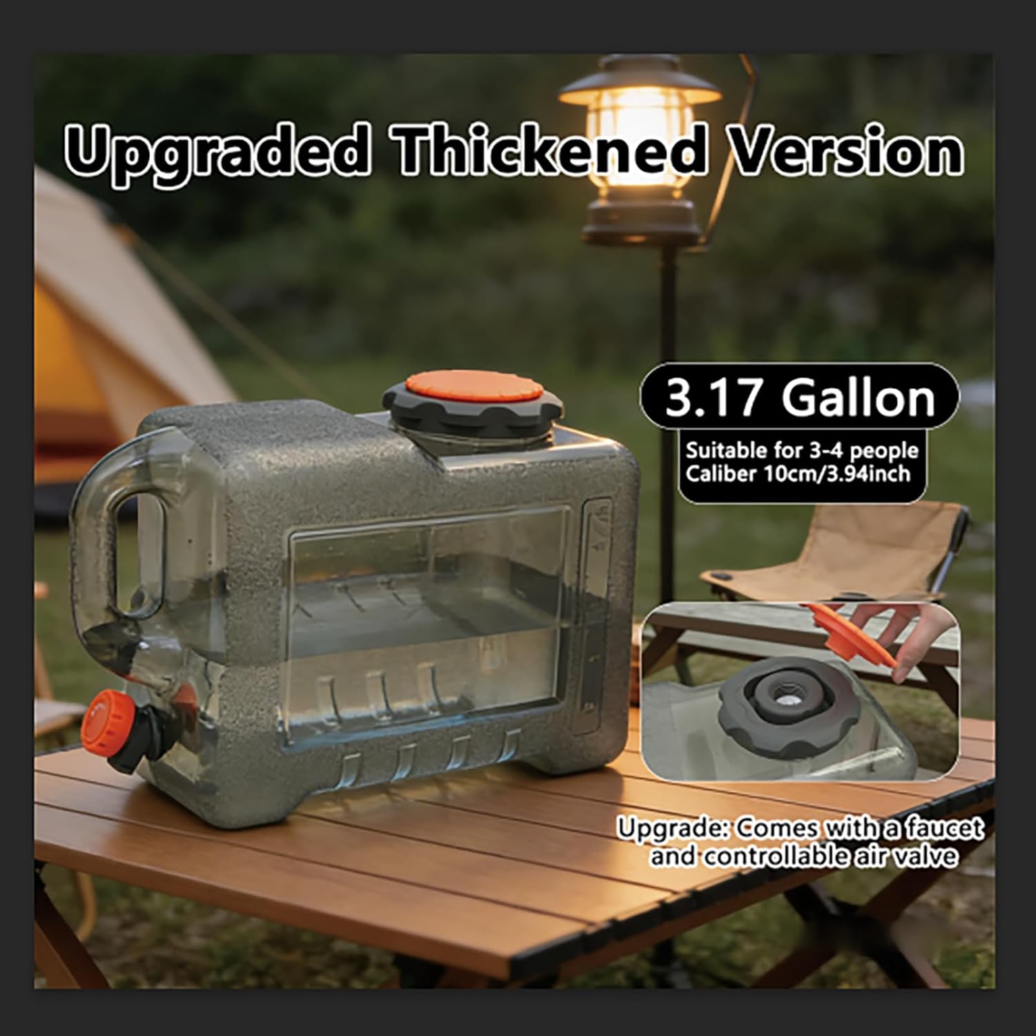 3.17 Gallon Camping Water Container with Upgraded Leak-Proof Lid, BPA Free Portable Water Jug with Spigot, Durable Water Storage Tank for Camping, RV, Hiking, Emergency Use