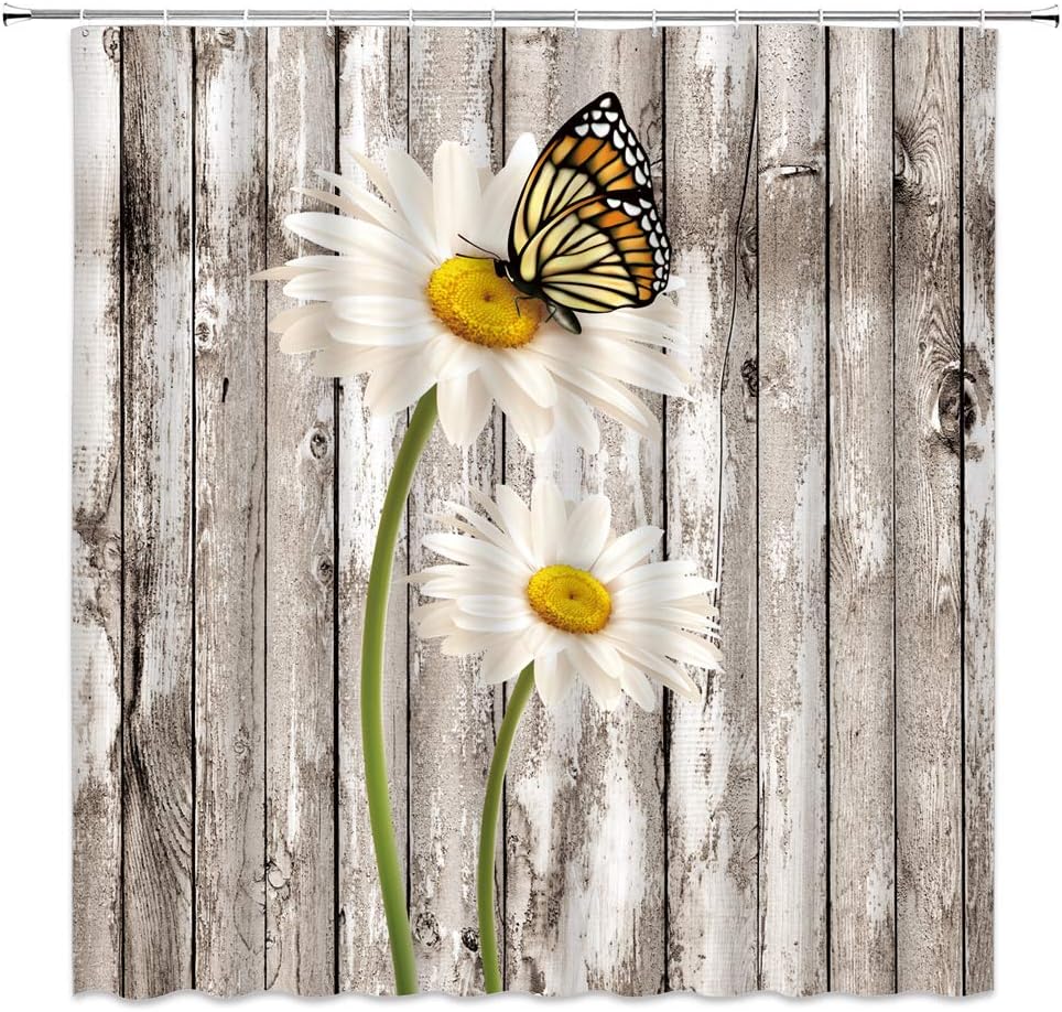 Rustic Daisy Shower Curtain Farmhouse White Daisy Flower Butterfly Vinatage Wooden Barn Door Farm Spring Flower Nature Botanical Retro Countryside Bathroom Decor Fabric Curtain with Hooks