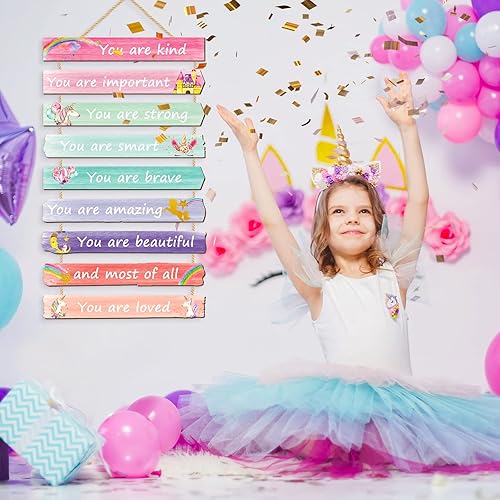 Miniatura 5 de Yookeer Juego de 9 decoración de habitación rosa para adolescentes y niñas, arte de pared de unicornio arco iris para dormitorio de niñas,