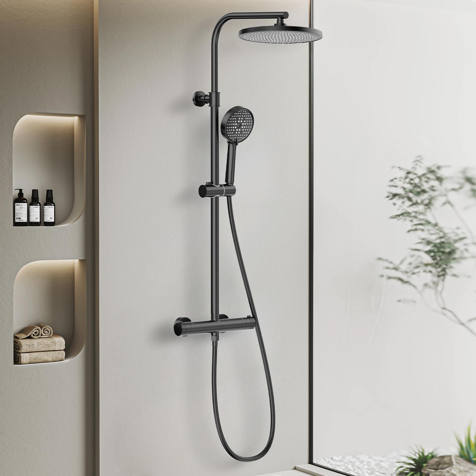 Ronvie Thermostatic Shower Mixer Set, 25cm Round Overhead Rainfall Shower, 3 Modes Shower Head with Adjustable Height Shower Rod, Anti-Leak Hose, Anti-Scald Thermostatic Shower System Matte Black