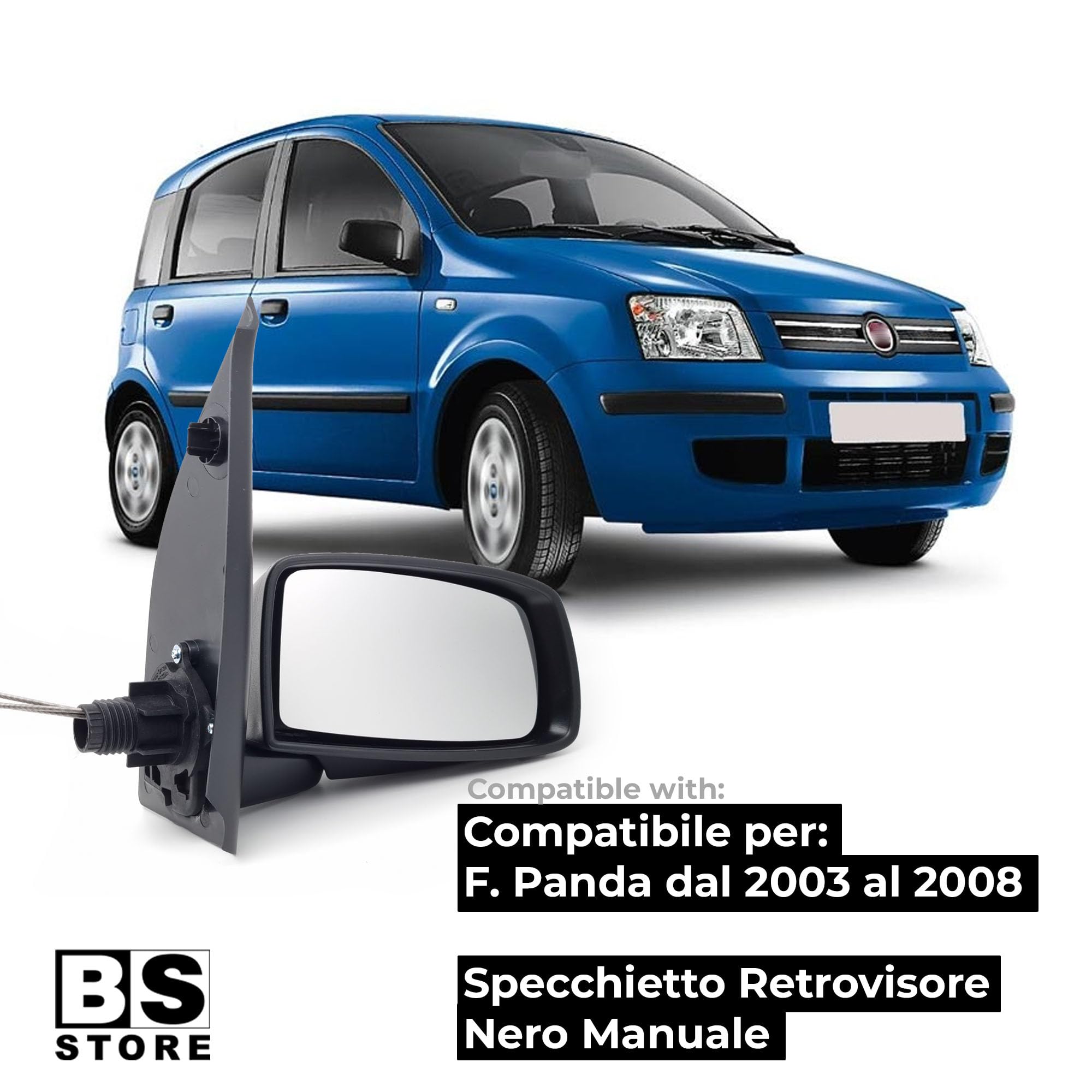 BSSTORE Specchietto Retrovisore Esterno Nero per PANDA (169) 2003-2008 con Regolazione Manuale (Destra - Lato Passeggero)