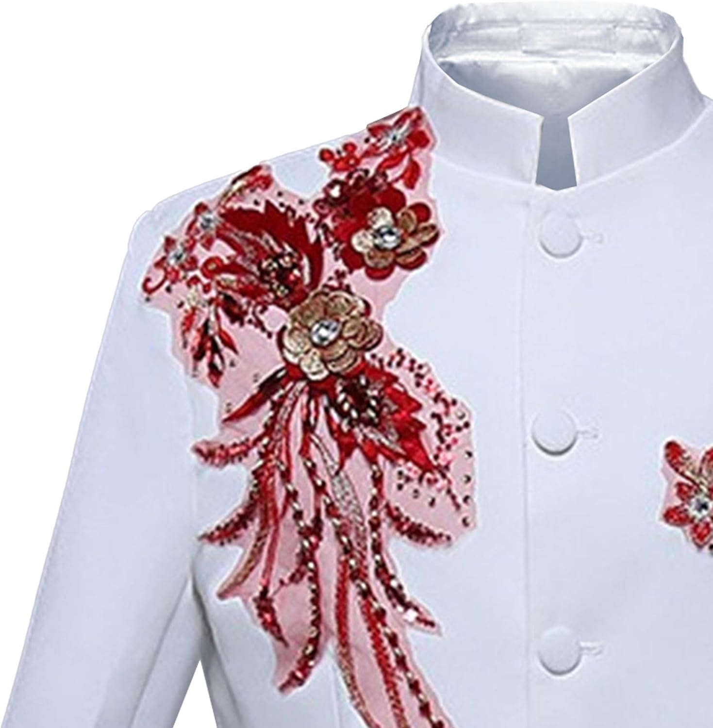 Men's Slim Fit Solid Wedding Suit Set 2 Piece Button Up Stylish Dress Suits Floral Stand Collar Blazer Pants Sets (Red2,Large)
