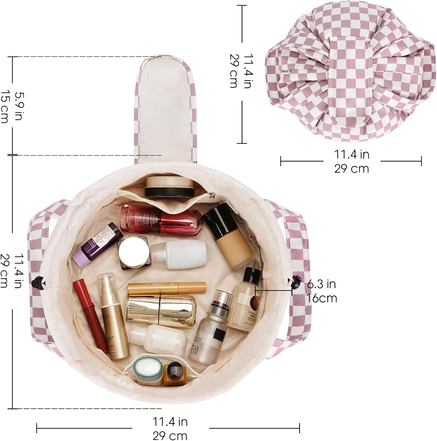 Narwey Barrel Drawstring Checkered Makeup Bag Large Cosmetic Bag Make up Bags Toiletry Bag Travel Bags for Toiletries Organizer for Women Gift for Teen Girls (Dusty Pink Checkerboard) (Patent) - Image 6