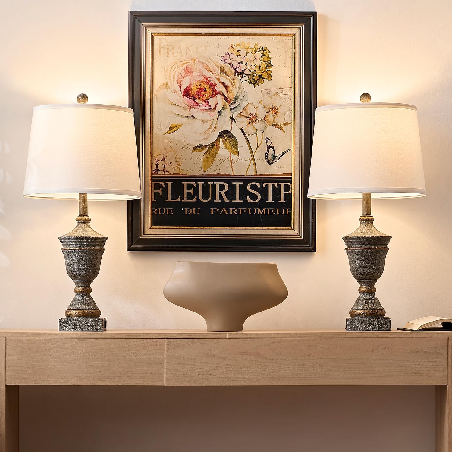 Retro Table Lamps Set of 2, 26.5'' Farmhouse Bedside Lamps with White Fabric Shades, Vintage Nightstand Lamps for Bedroom & Living Room, Bulbs Included