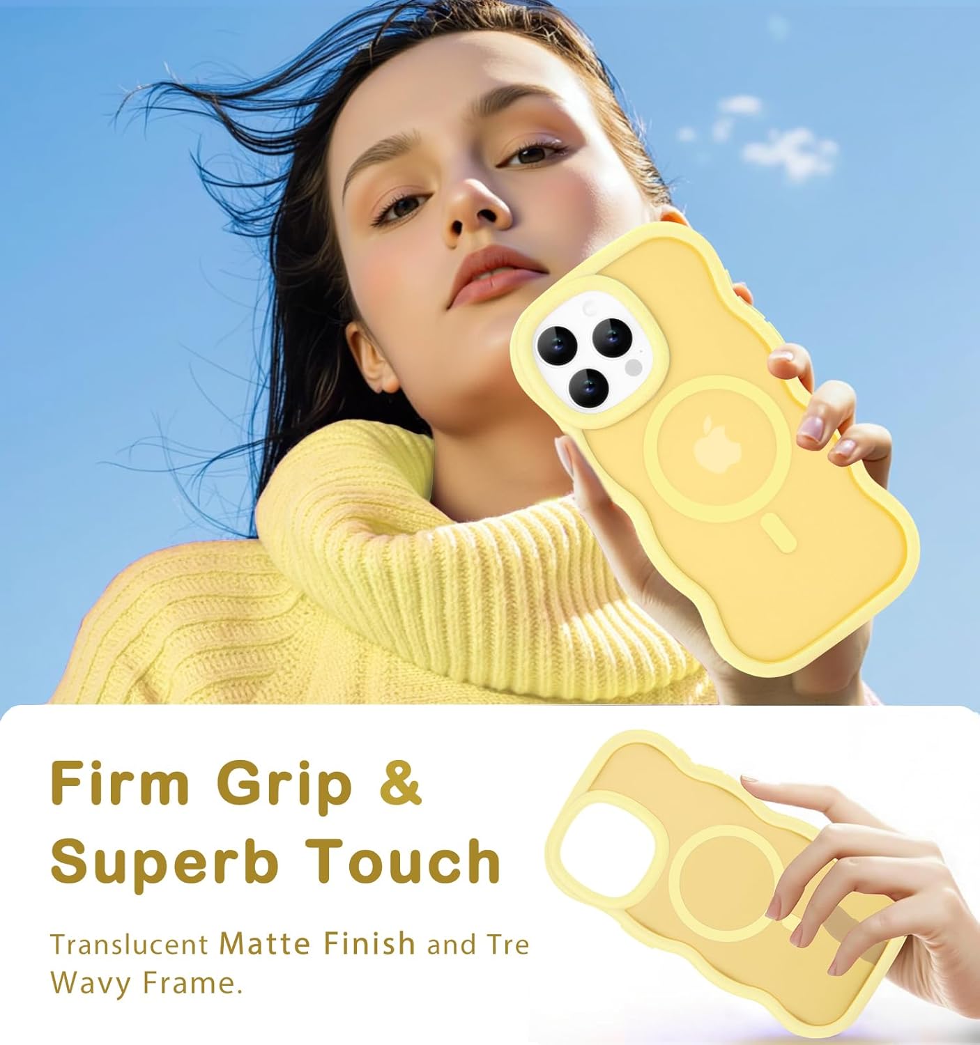 Magnetic for iPhone 14 Pro Case, Compatible with Magsafe Wavy Frame Cute Translucent Matte Hard Back Silicone Bumper Shockproof Phone Case for iPhone 14 Pro Women Girls, Yellow - Image 7