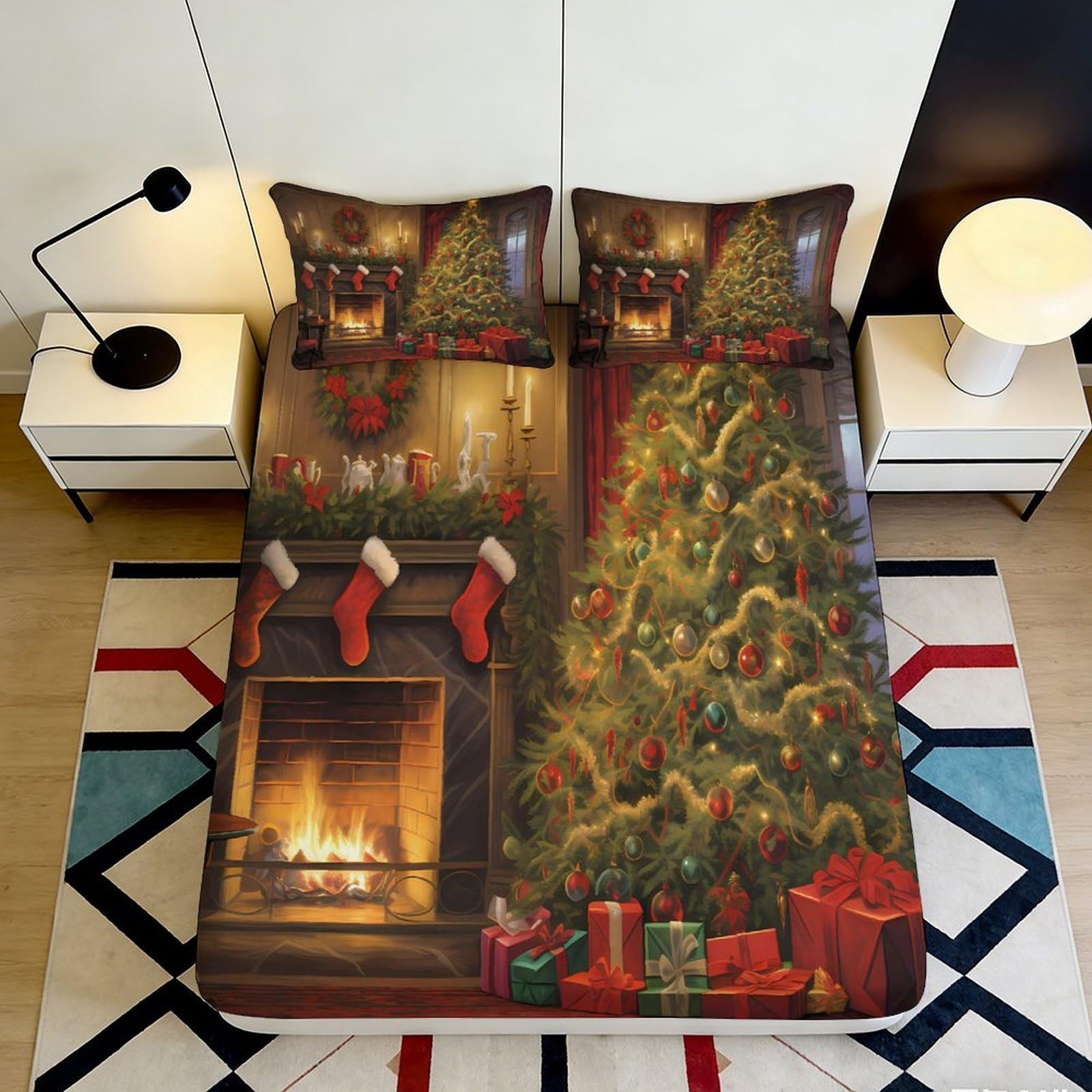 3D Printed Christmas Fireplace Fitted Sheet Microfiber Soft Breathable Holiday Tree Bed Cover for Bedroom Dormitory Guest Room Mattress Protection Decor 120x200x25cm