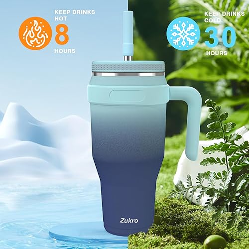 Miniatura 2 de Vaso de 40 onzas con asa y tapa con popote, botella de agua de acero inoxidable aislada al vacío, taza de viaje con tapa de rosca, cabe en el