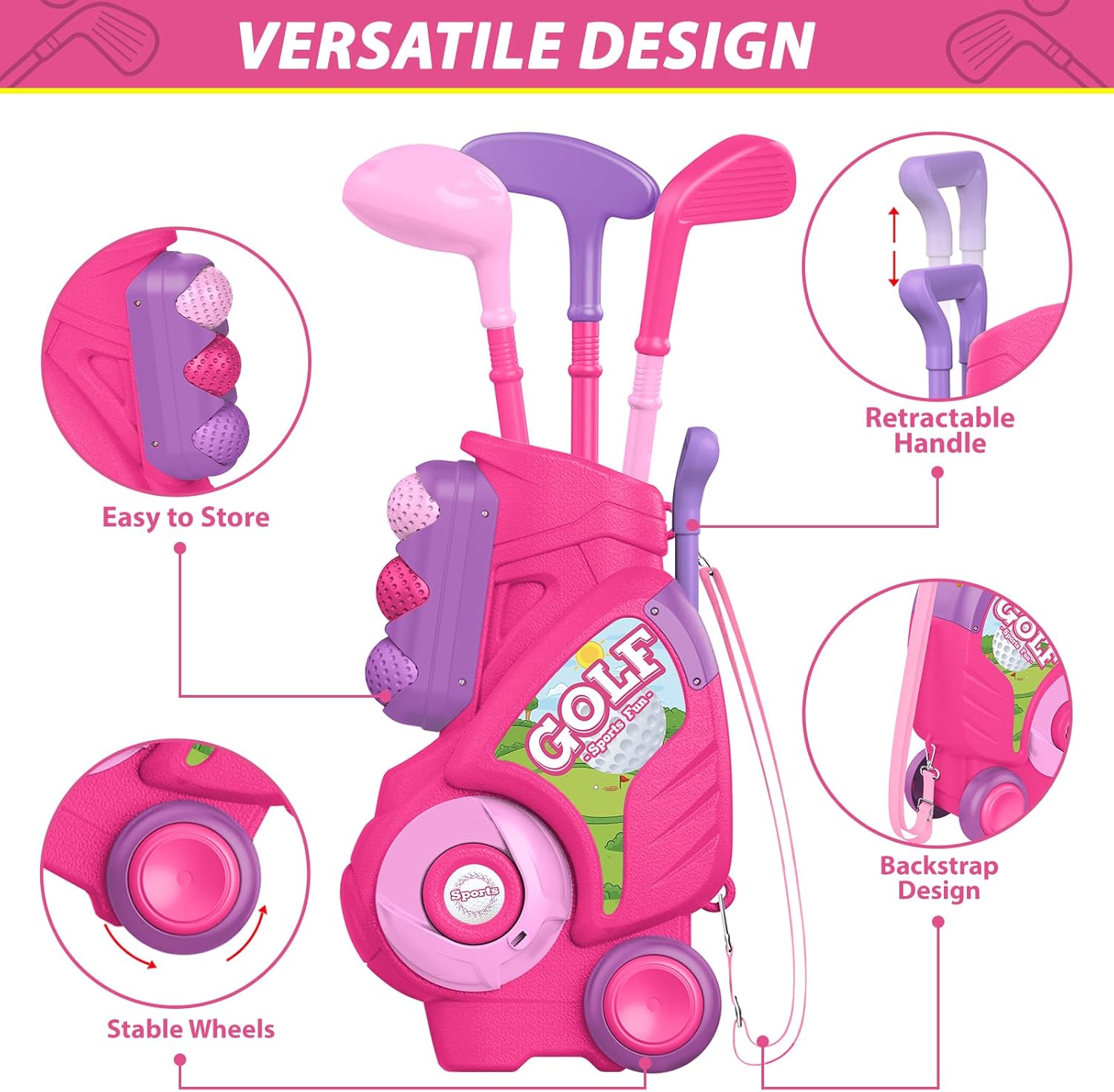 Liberry Toddler Golf Set for 2 3 4 Years Old Girls Boys, Upgraded Kids Golf Clubs Set with Golf Cart, Putting Mat, Outdoor Indoor Sports Toy Birthday Gift, Pink - Image 3