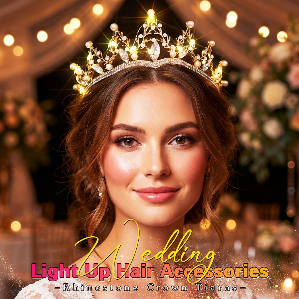 Campsis Light Up Crown Led Rhinestone Tiara Princess Wedding Hair Accessories for Bride
